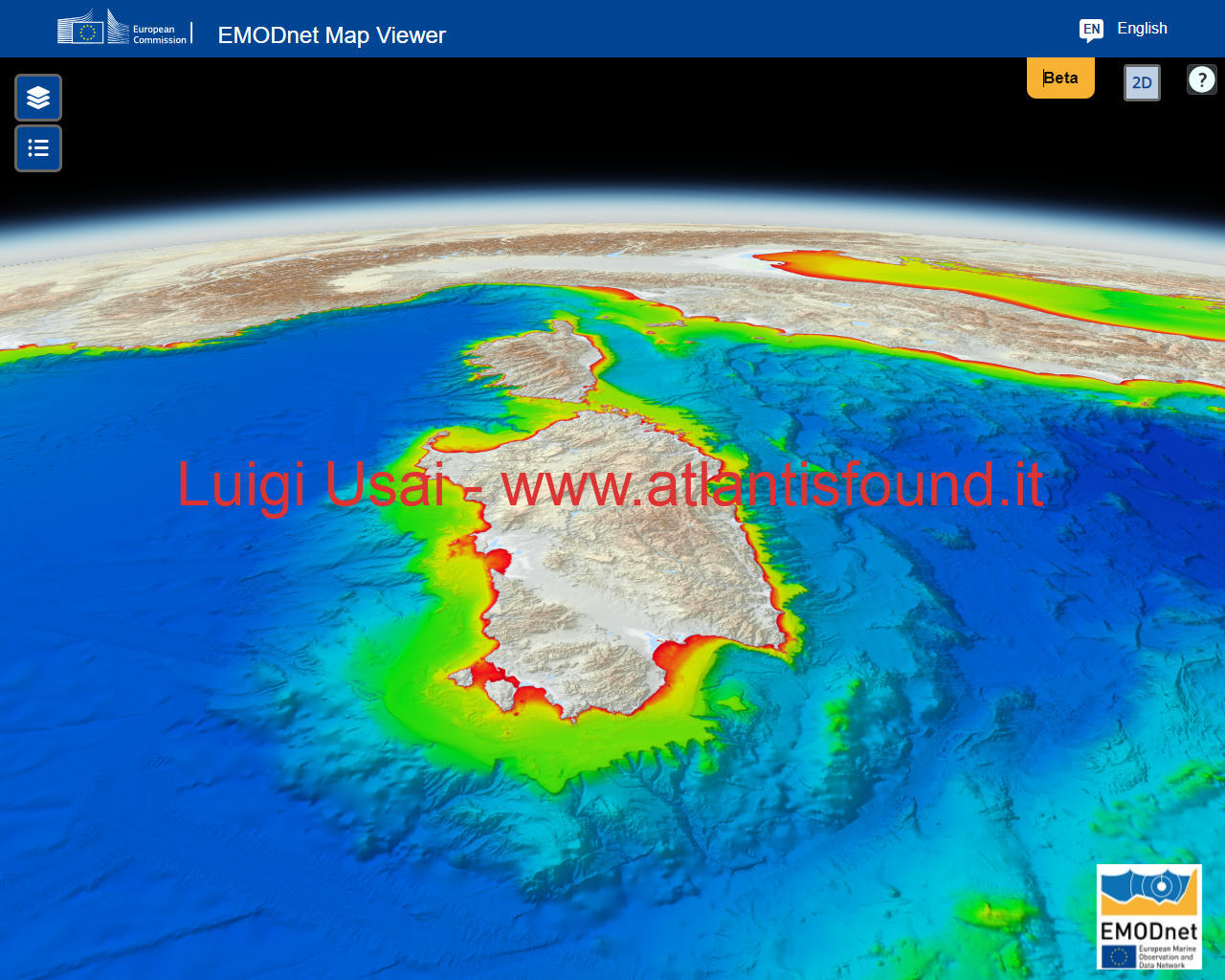 Atlantis, in green the outline of the legendary island of Atlantis, formed by the semi-submerged Sardinian-Corsican block and its paleocoasts